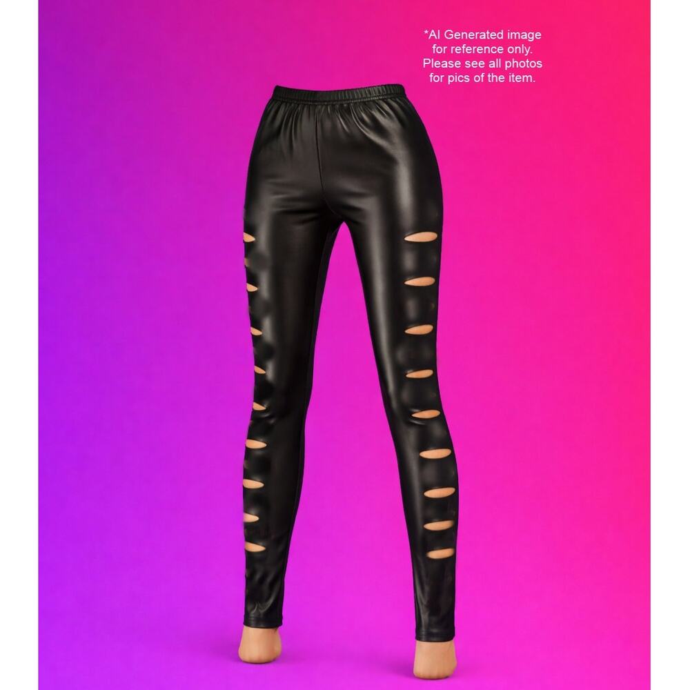 Ladies Black "Wet Look" Cut Out Stretch Leggings Size Small